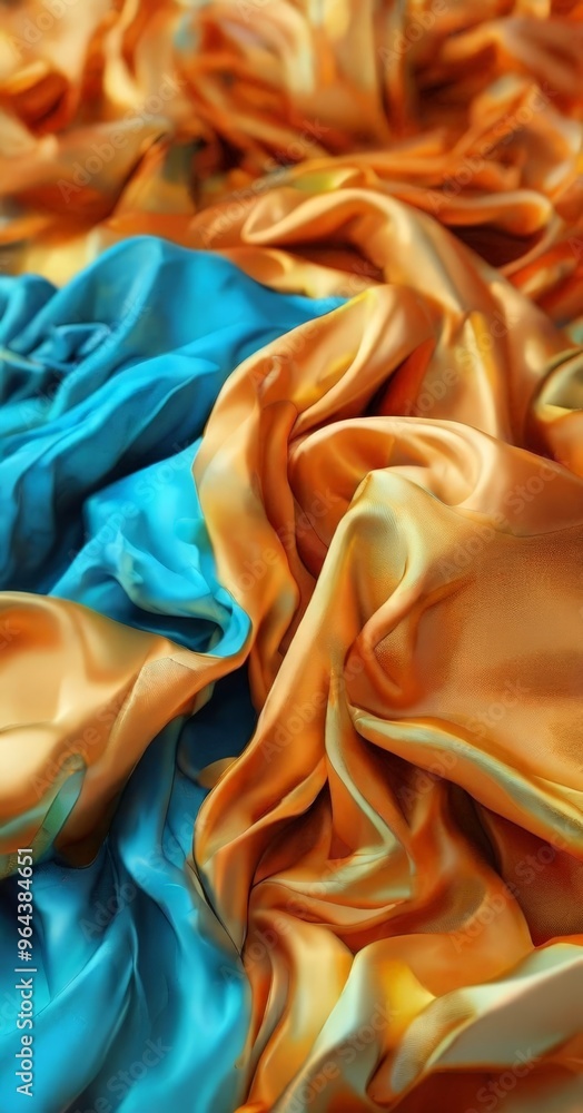 Poster a close-up view of a fabric with a vibrant mix of orange and blue hues, creating a dynamic and textu