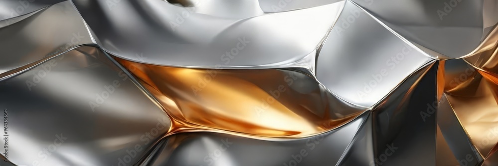 Poster a close-up view of a shiny, metallic surface with a golden-colored area in the center, creating a vi