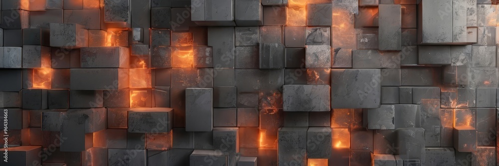 Poster wall composed of numerous gray cubes, each emitting a warm orange glow. the cubes are arranged in a 