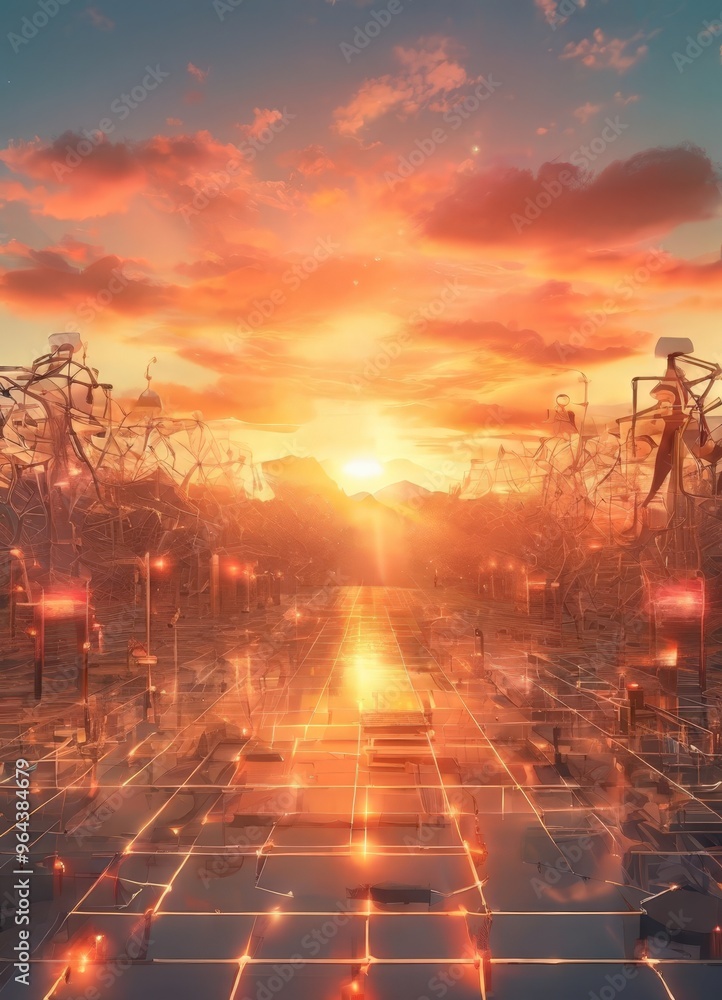 Poster a futuristic cityscape at sunset, with a grid-like pattern of buildings and structures illuminated b