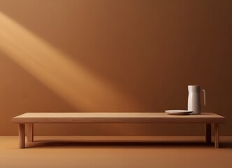 A wooden bench with a white vase and plate on it, set against a warm brown wall with sunlight streaming in from the left.