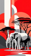 Elephant Herd: Elephants, savanna, waterhole, acacia trees. An abstract composition of shapes. 