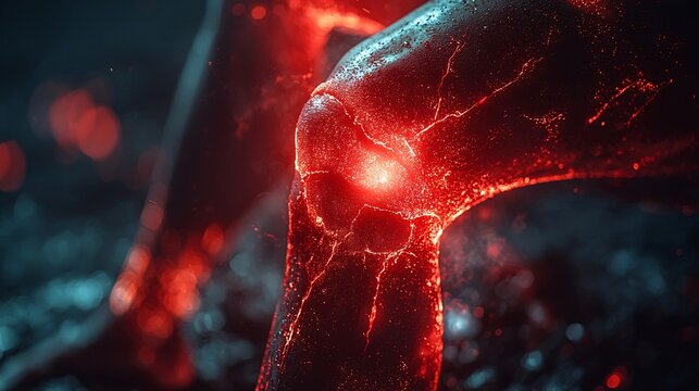 A close-up of a knee with bruising and swelling after a traumatic injury, with a red overlay to show pain intensity.