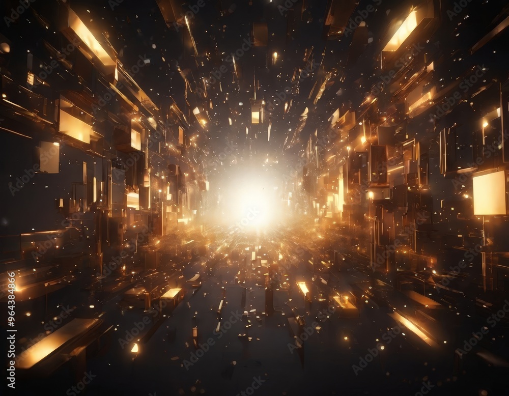 Poster a futuristic, abstract scene with a radiant, glowing center surrounded by a multitude of golden, geo