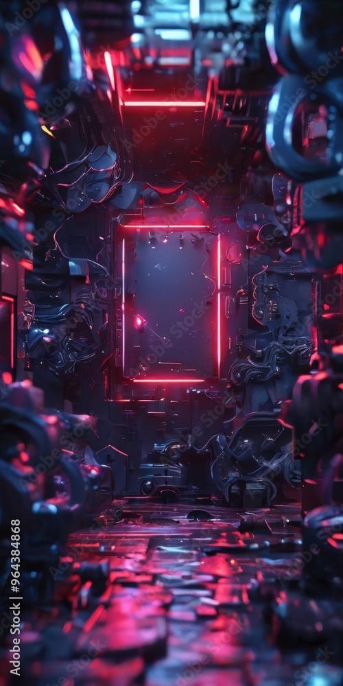 Poster a futuristic, cyberpunk-inspired environment with a red neon-lit rectangular frame in the center, su