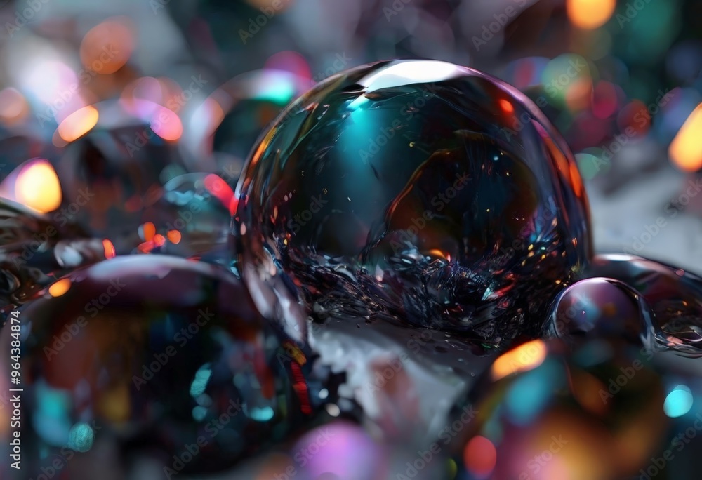Poster close-up view of a collection of colorful, reflective spheres, with the central sphere being the most prominent and surrounded by smaller spheres. The spheres exhibit a range of