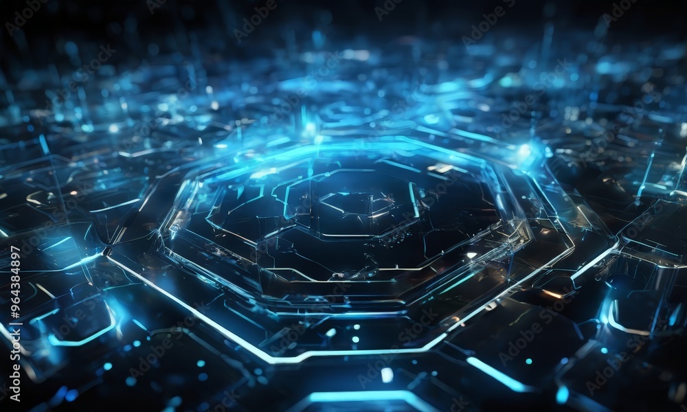 Aufkleber futuristic, cyberpunk-inspired scene featuring a complex, hexagonal pattern of glowing blue and blac