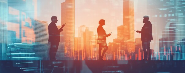 Double exposure illustration depicting business professionals interacting amidst a modern cityscape, symbolizing communication and collaboration in a futuristic urban environment