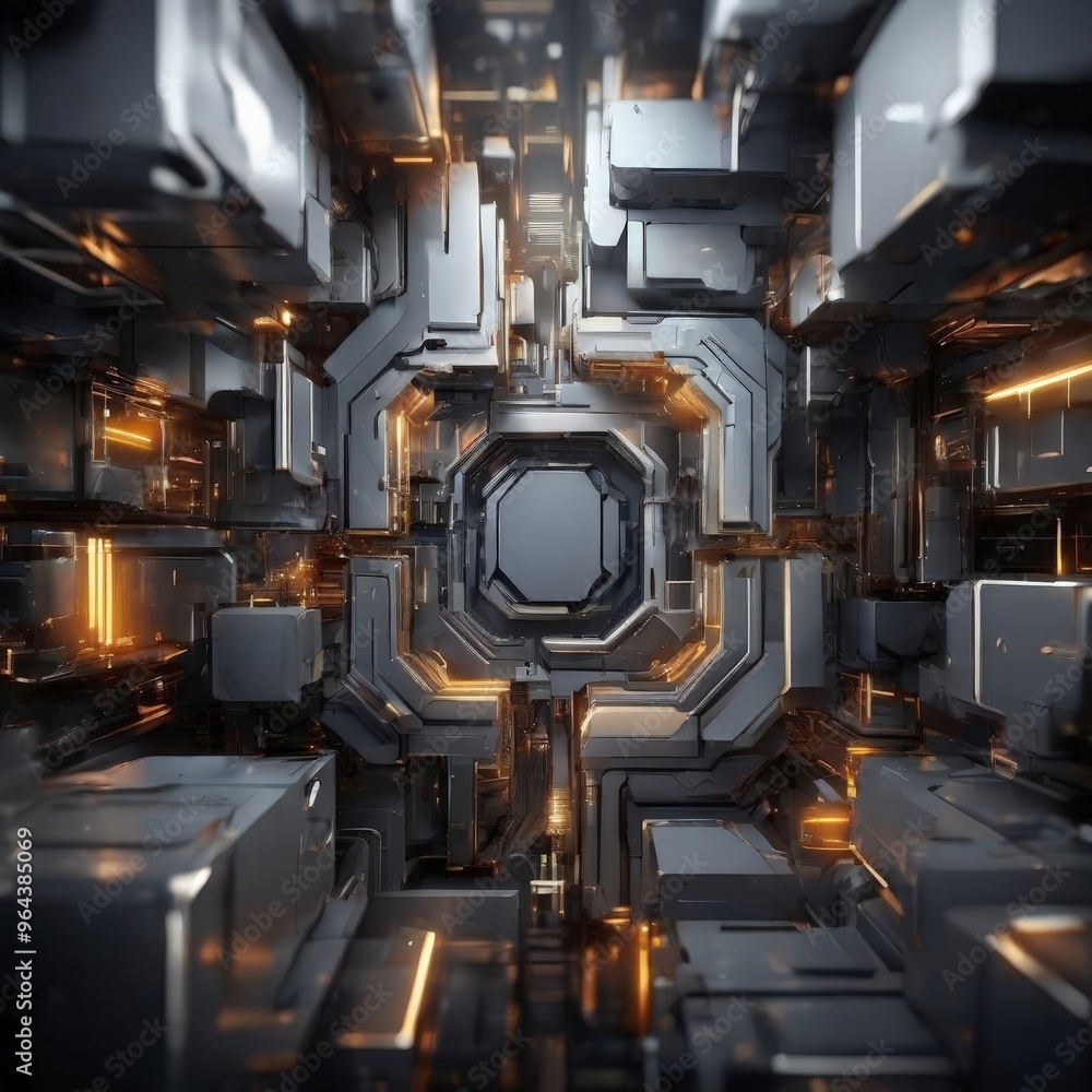 Poster complex, futuristic digital environment, characterized by a dense network of metallic structures and