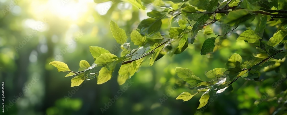Poster a close-up view of a tree branch with green leaves, with sunlight filtering through the foliage and 