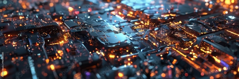 Poster close-up view of a complex, futuristic cityscape, with a dense network of illuminated buildings and 