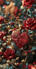 Fototapeta premium A close-up view of a red rose with a heart-shaped design, surrounded by other red roses and green leaves, with a blurred background.
