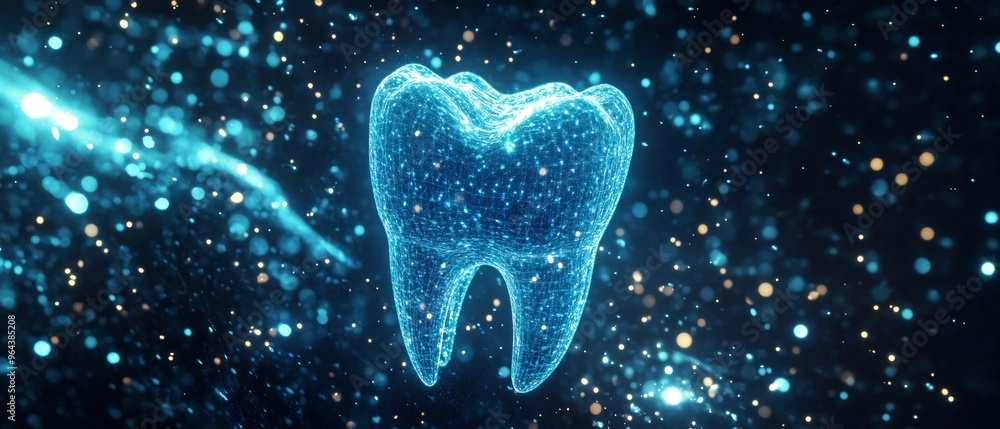 Poster futuristic ai-designed holographic tooth with abstract light effects