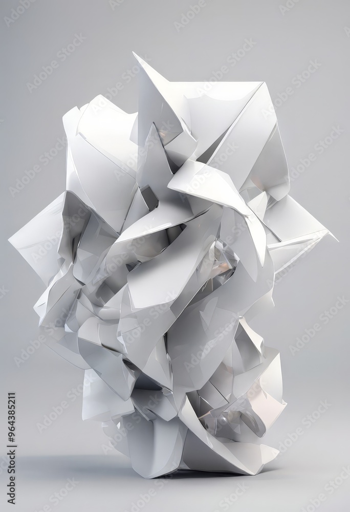 Poster a complex, abstract sculpture composed of numerous white, jagged, and angular shapes, creating a sense of depth and dimensionality.