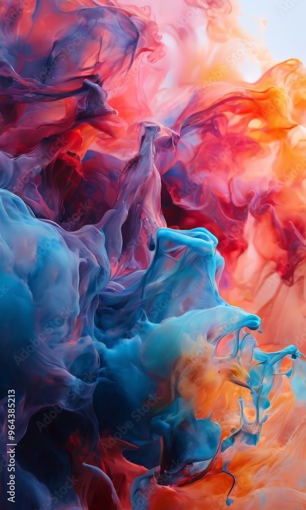 Poster a vibrant abstract composition of swirling, multicolored fluid, with hues of blue, orange, and red c