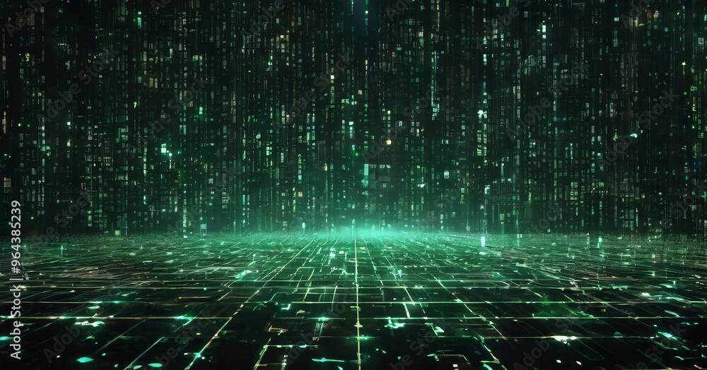 Aufkleber futuristic cityscape, with a grid-like pattern of glowing green lights that appear to be falling fro