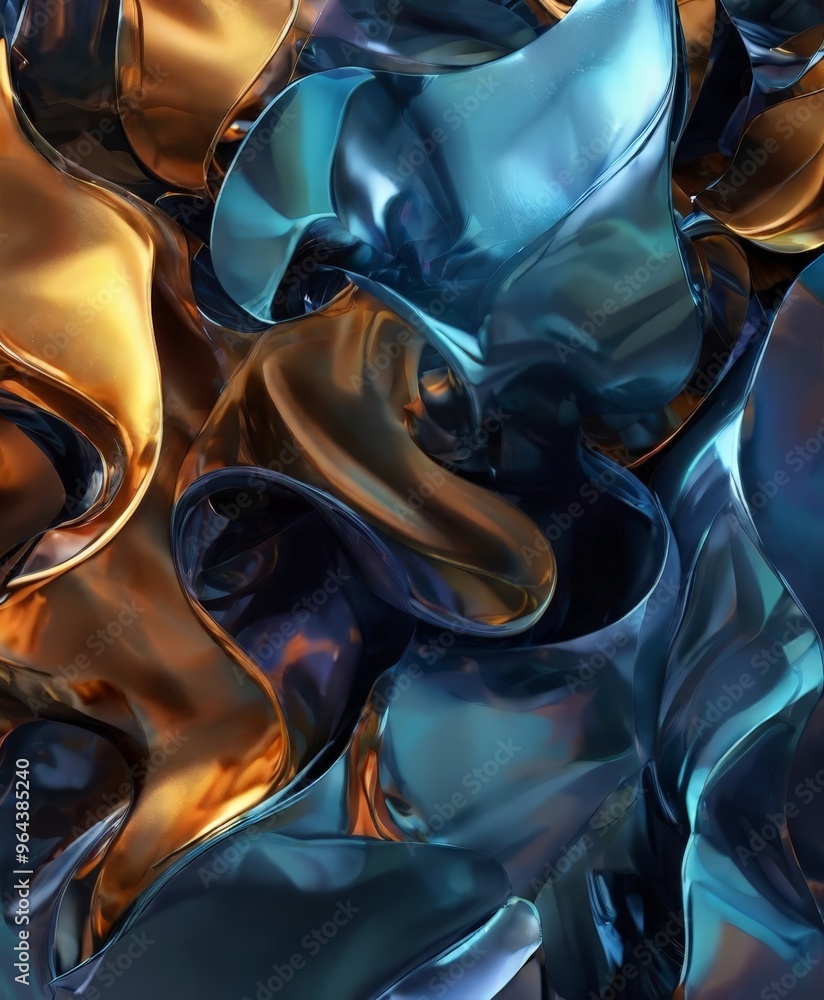 Poster a digital illustration featuring a swirling pattern of metallic textures in shades of blue and gold,