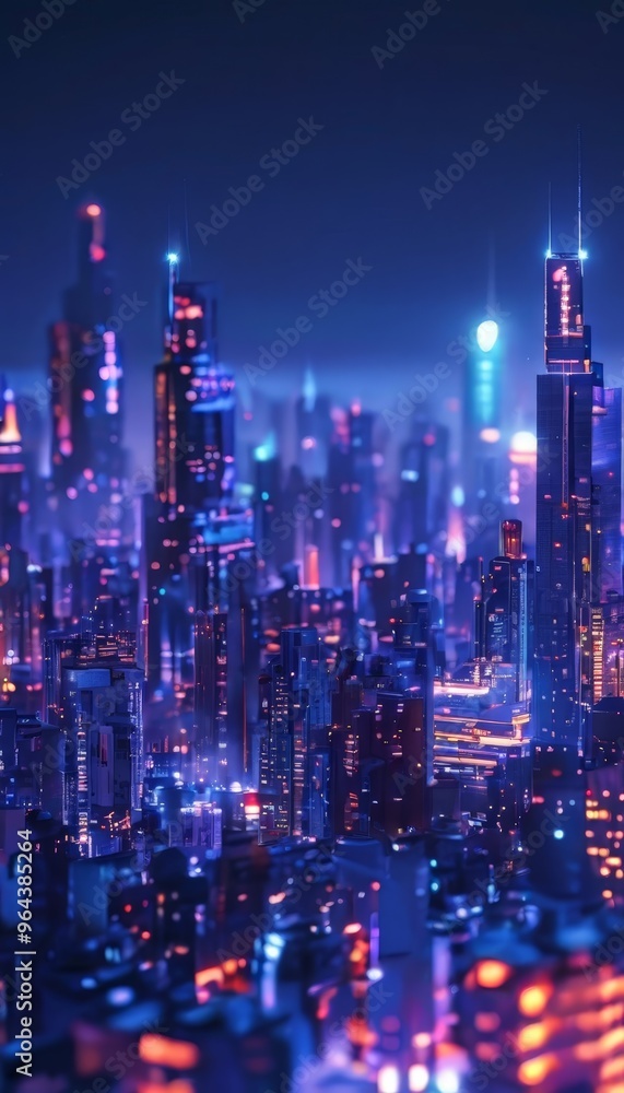 Poster a futuristic cityscape at night, with tall buildings illuminated in a vibrant array of colors and li