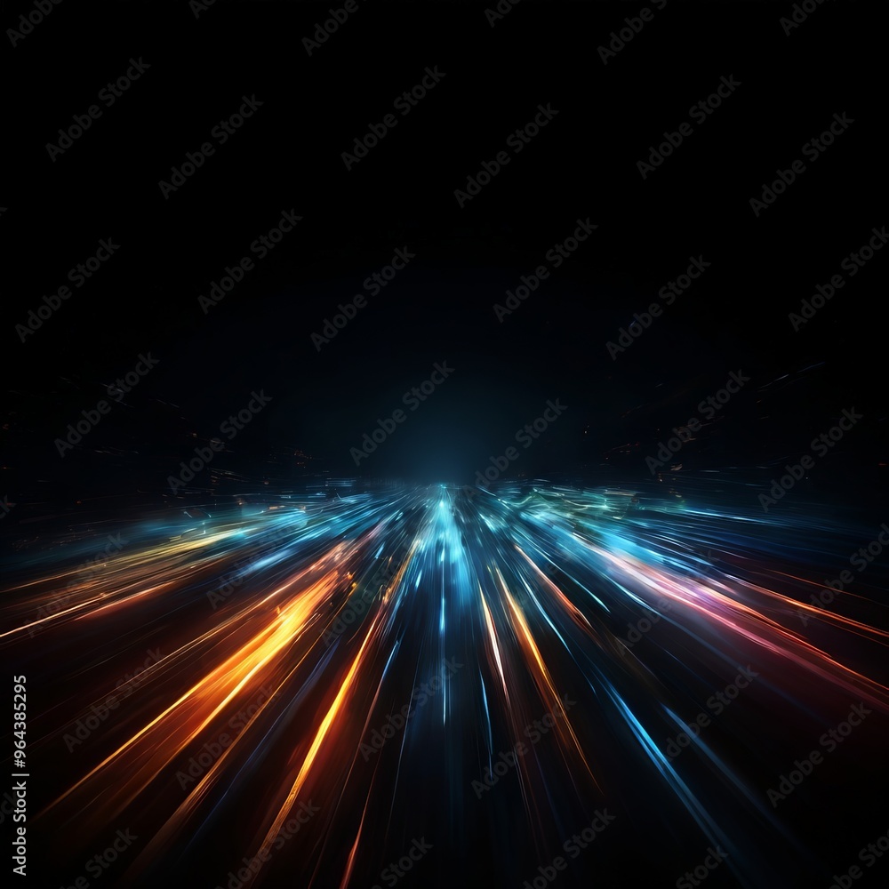 Poster a futuristic cityscape with a dark background and a vibrant display of colorful lights emanating fro