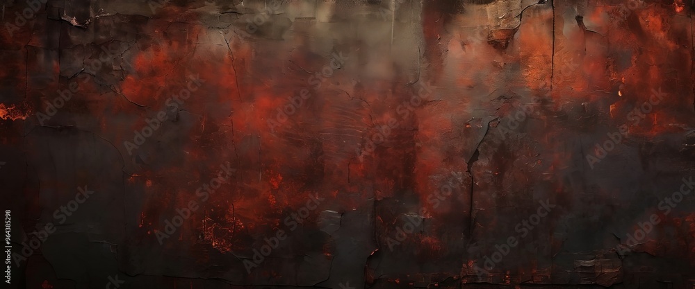 Poster a textured, dark background with a gradient of red and orange hues, creating a fiery, dramatic effec