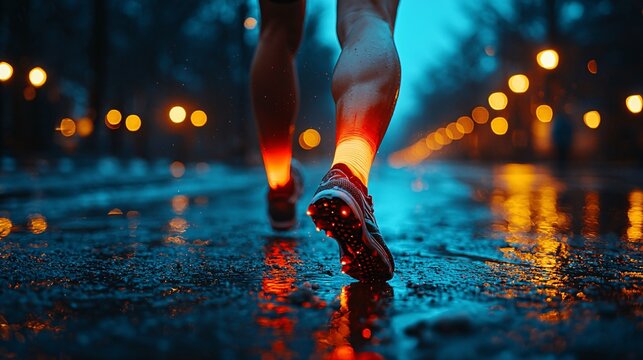 An athlete pushing through the pain, with one knee glowing red as they attempt to keep going.