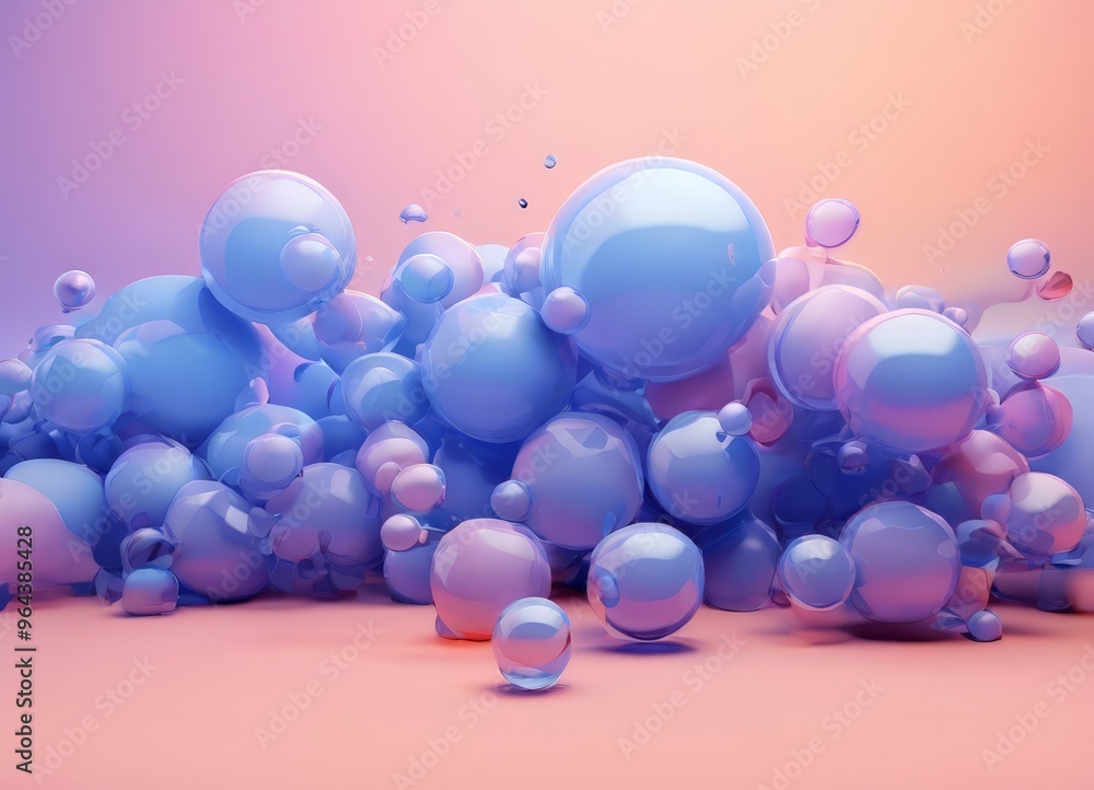 Poster a cluster of spherical objects in various shades of blue and pink, floating against a gradient backg