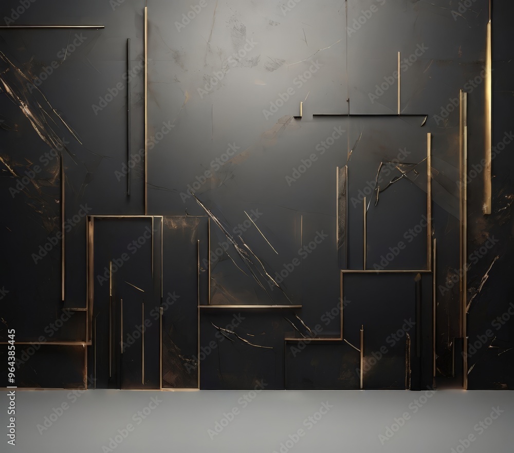 Poster striking abstract composition of gold and black metallic elements arranged in a grid-like pattern on