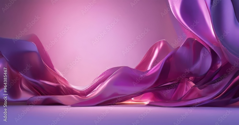 Poster dynamic and abstract representation of flowing, purple fabric, with a gradient background transition