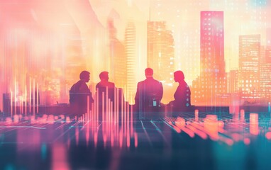 Double exposure business illustration with diverse team collaboration amid futuristic financial cityscape
