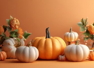 A still life composition featuring a variety of pumpkins and gourds against an orange background.
