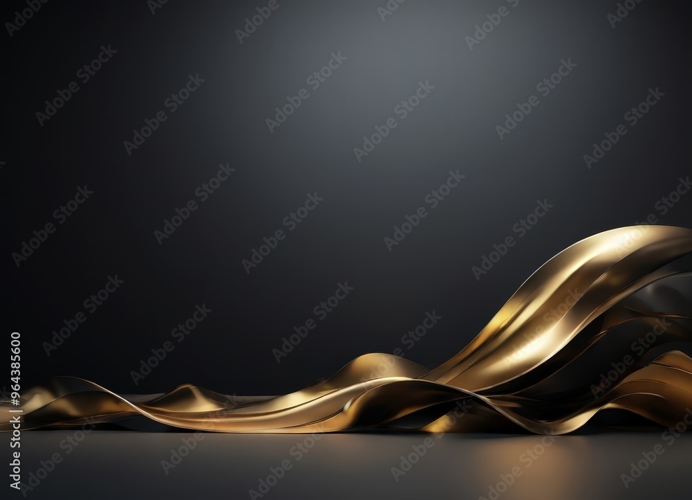 Poster dark background with a golden wave-like shape in the center, creating a sense of movement and fluidi
