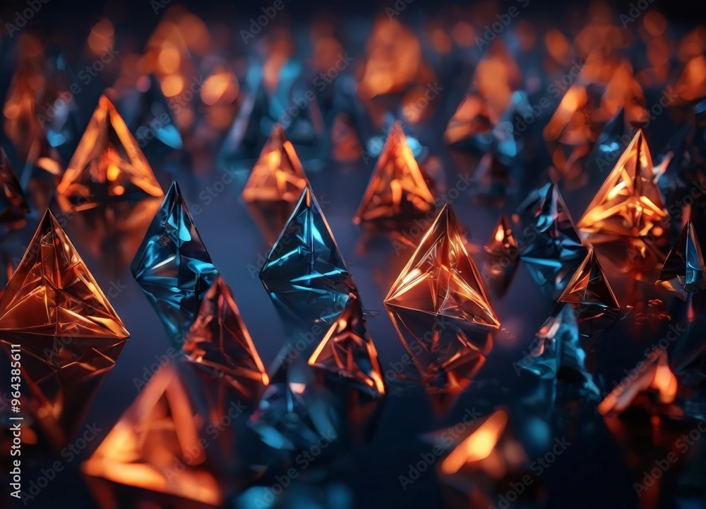 Poster collection of triangular crystals in various shades of orange and blue, arranged in a grid-like patt