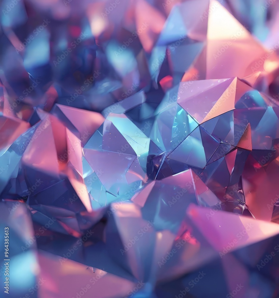 Poster a close-up of a collection of faceted polyhedra in shades of blue and pink, creating a visually stri
