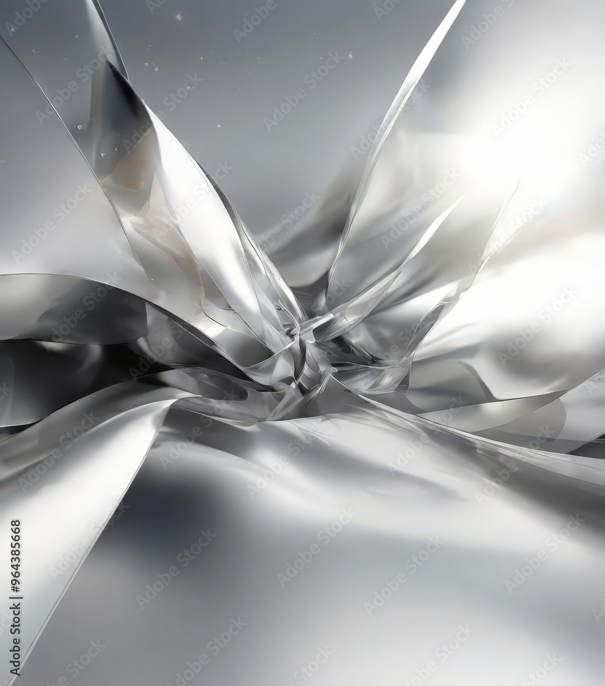 Poster complex, abstract pattern of silver and white metallic shapes, creating a sense of movement and dyna