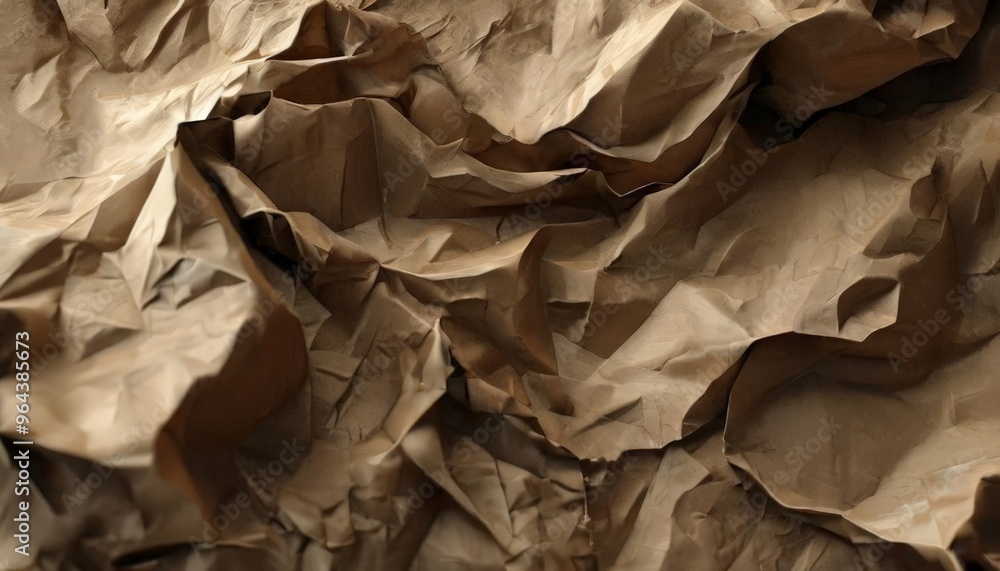 Poster a close-up view of crumpled brown paper, with visible creases and folds, creating a textured and rou
