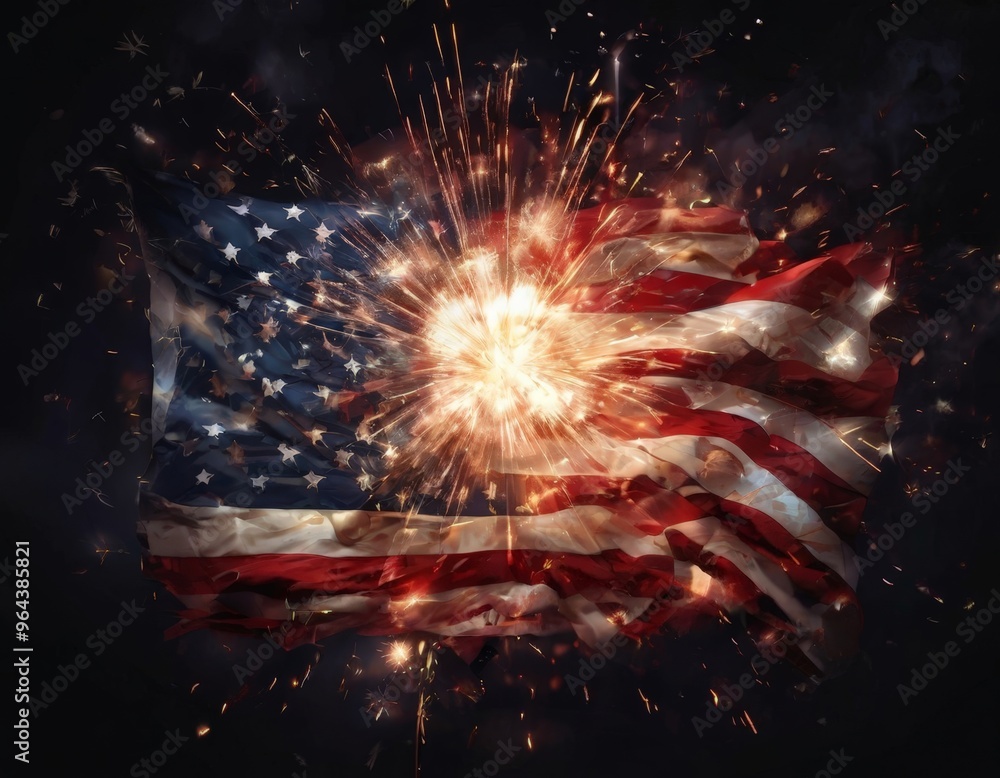 Poster the american flag is depicted in a dramatic, fiery display, with a bright explosion at its center, c