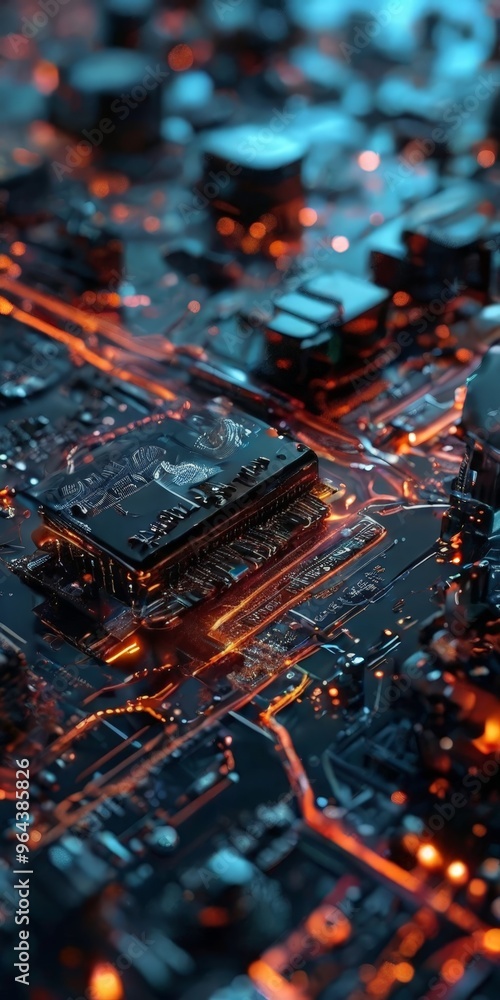 Poster a close-up view of a circuit board, showcasing a complex network of interconnected electronic compon