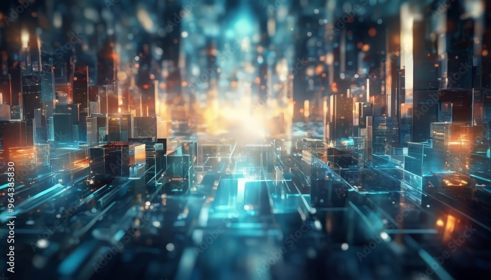 Aufkleber futuristic cityscape, with a multitude of tall buildings and structures illuminated by a myriad of l