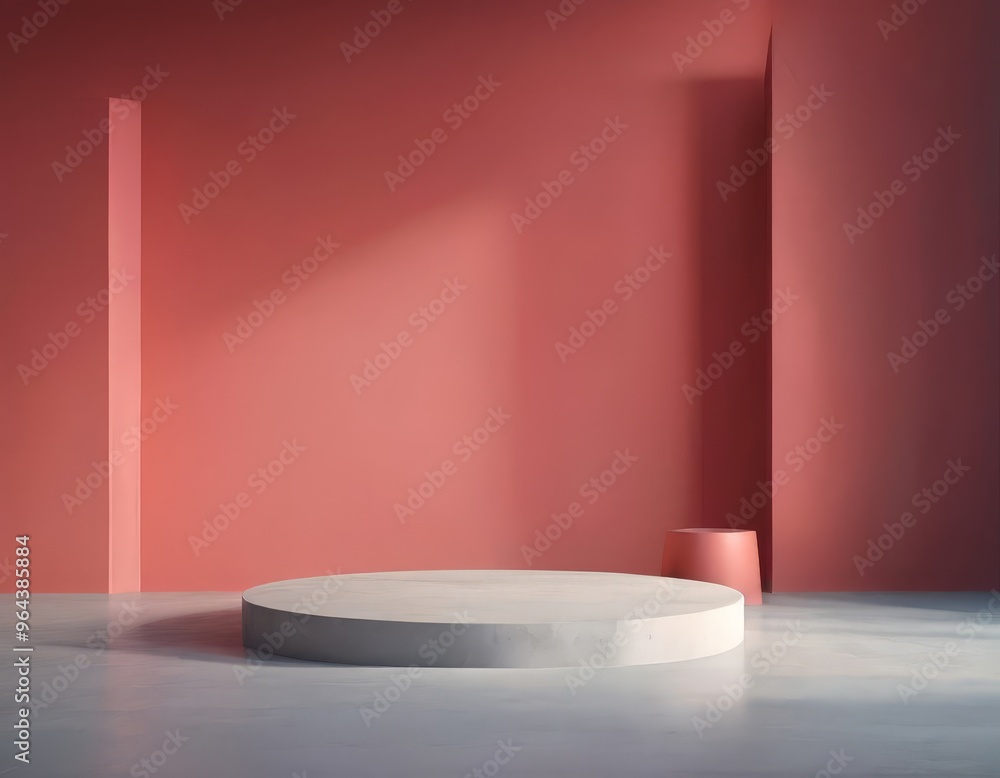 Poster a minimalist, circular podium stands in a room with a pink wall and a vertical column, creating a vi