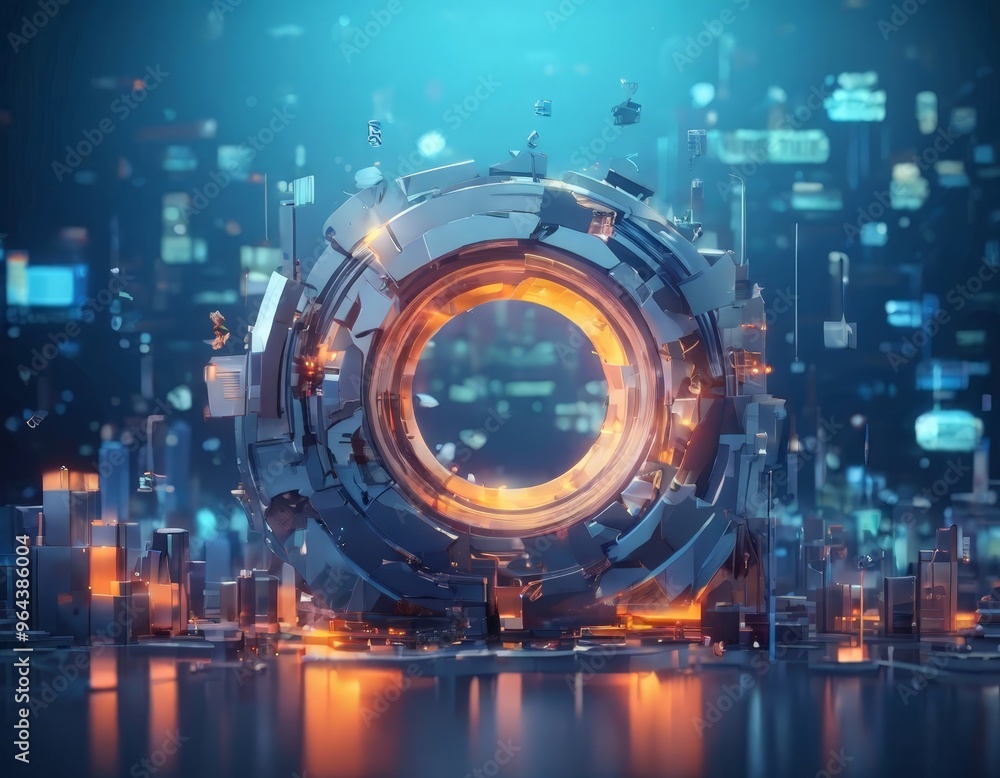 Poster a futuristic cityscape with a large, circular, metallic structure at the center, surrounded by small