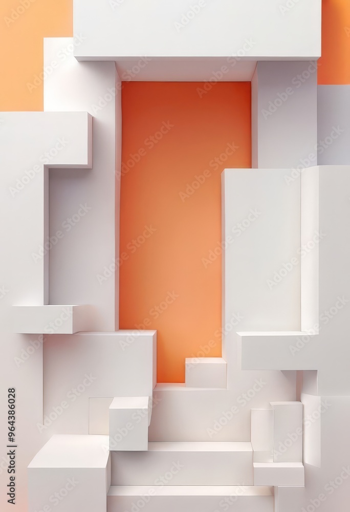 Poster geometric composition of white cubes arranged in a stair-like pattern, with a central orange cube. t