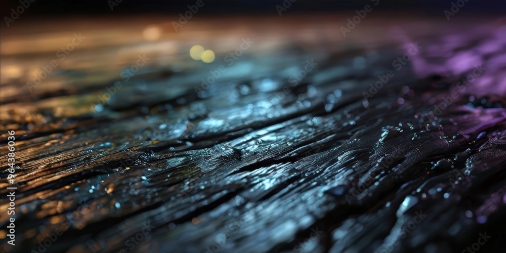 Aufkleber a close-up of a weathered wooden surface, with a blurred background of colorful lights and reflectio