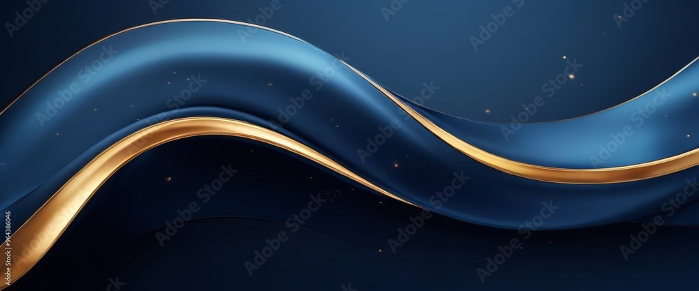 Poster dynamic, abstract composition of blue and gold lines and curves, creating a sense of movement and de