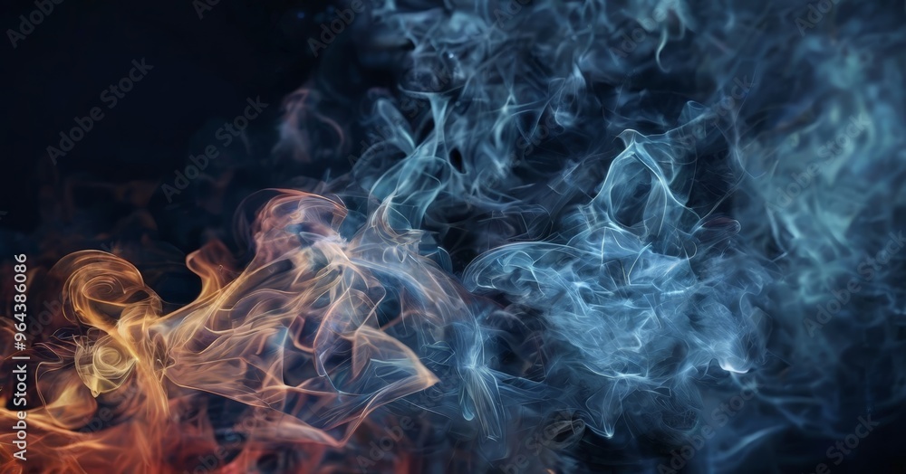 Poster swirling smoke in shades of blue and orange, creating a dynamic and visual effect.