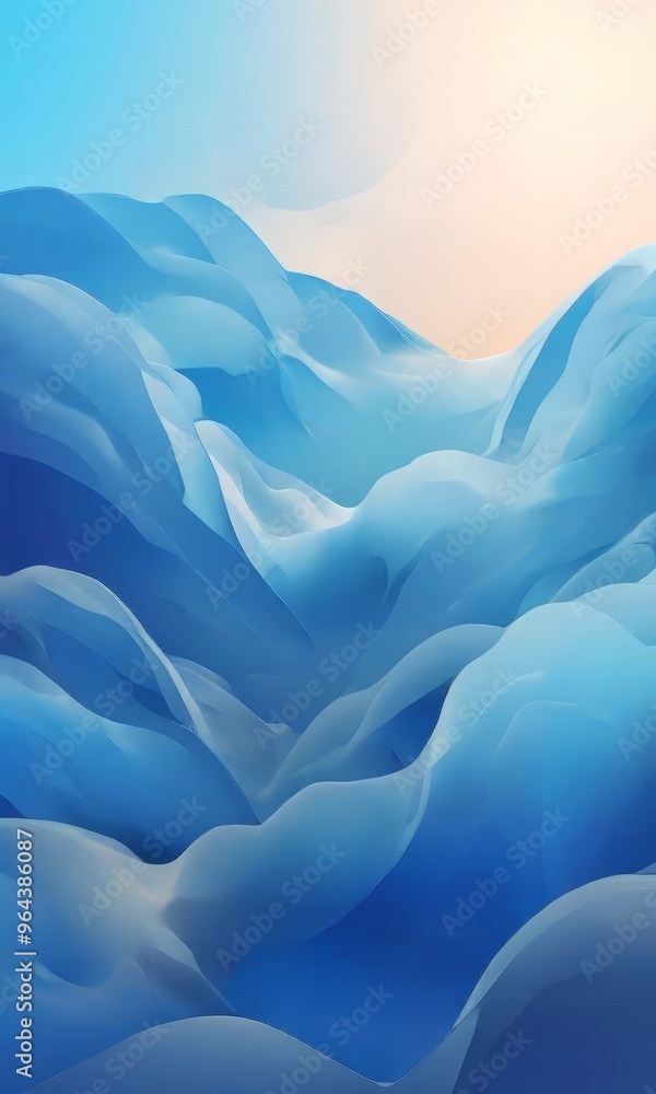 Poster serene, abstract landscape with a gradient of blue hues, transitioning from a deep blue at the top t