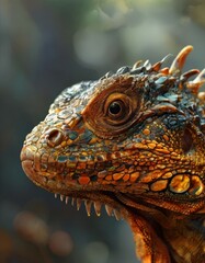 Obraz premium A close-up of a vibrant red iguana's head, showcasing its intricate scales and sharp teeth.