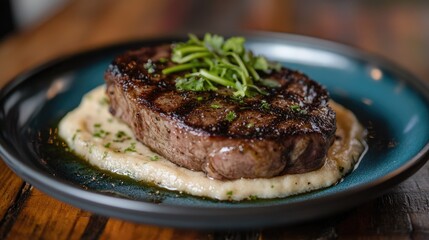Steak, celery puree, blue plate. Generative AI