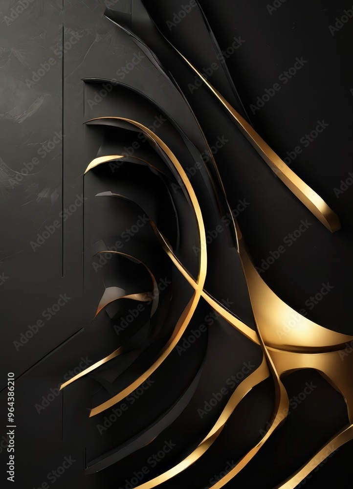 Poster striking abstract composition of curved lines and shapes in black and gold, creating a sense of dept