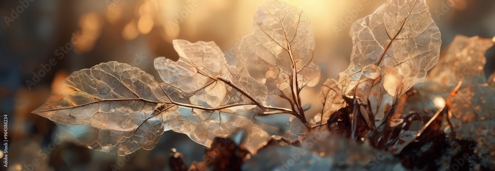 Poster a close-up view of delicate, translucent leaves with intricate patterns, set against a blurred natur