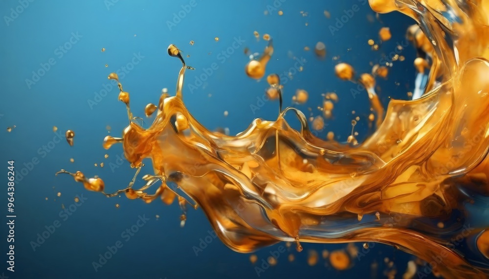 Poster a dynamic splash of golden liquid against a deep blue background, with the liquid's movement and the